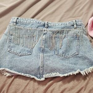 Denim Skirt with Fringe Detail